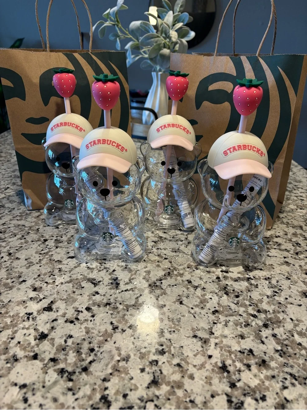 Starbucks Clear Bear Bottle with Pink Cap and Strawberry Straw Set